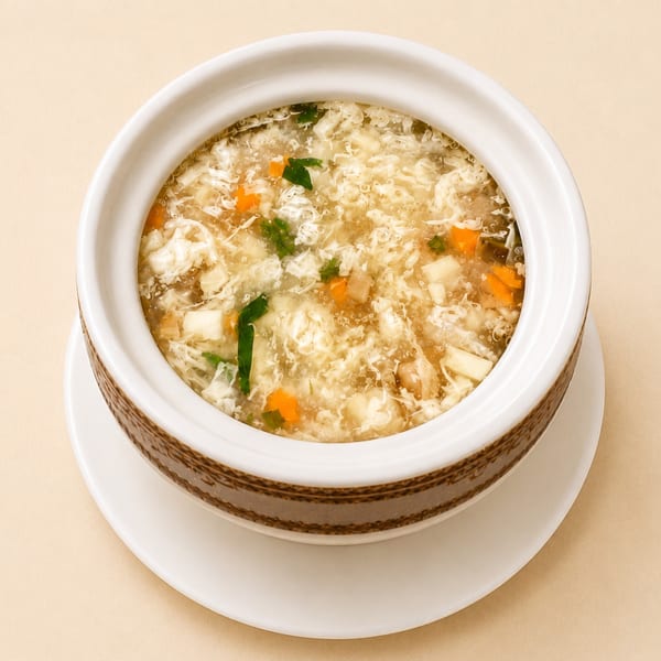 A white bowl of egg drop soup with carrots, tofu, and green onions on a light background.