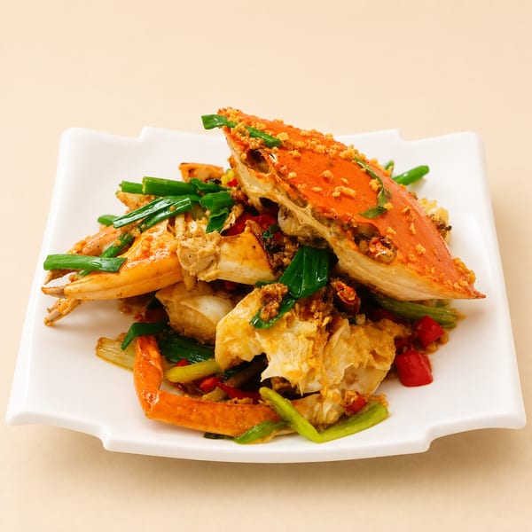 Stir-fried crab with green onions, red peppers, and garlic on a white rectangular plate.